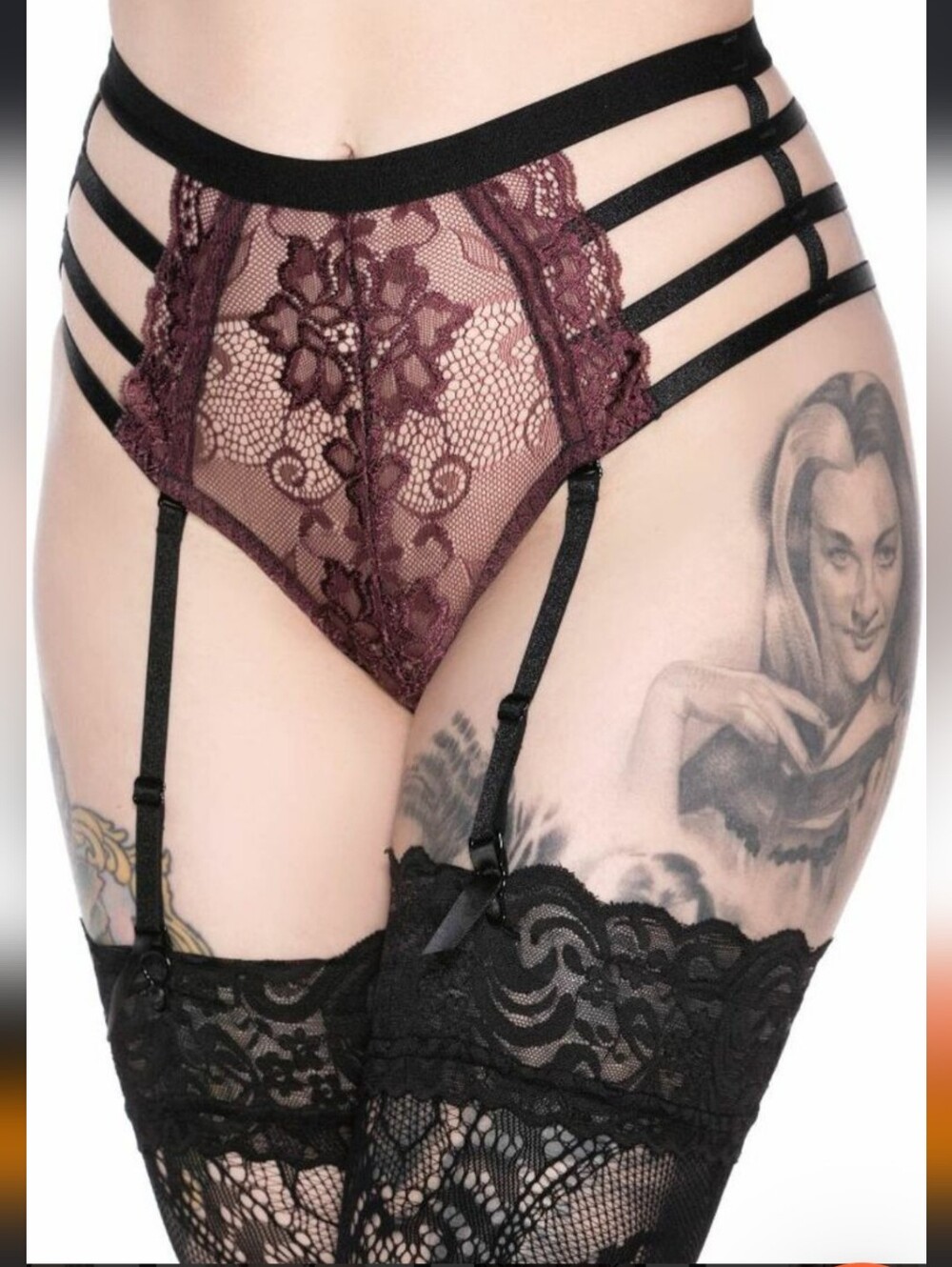 Killstar Wine Color Lace High-Waist Garter Briefs with Black Straps